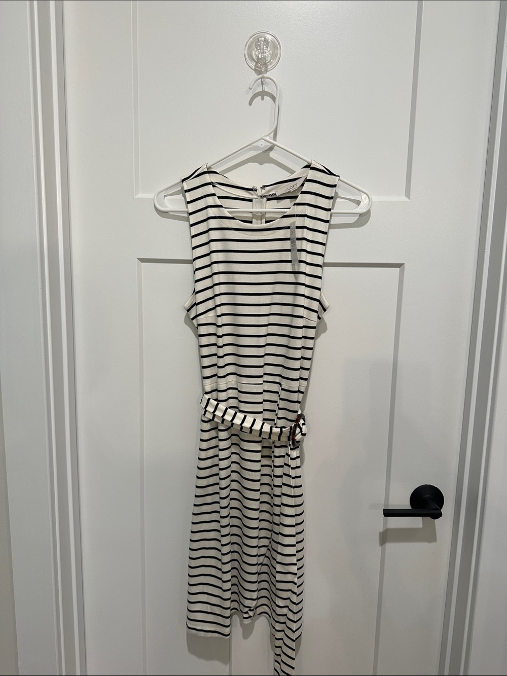 LOFT Black and Cream Striped Sleeveless Midi Dress with Belt